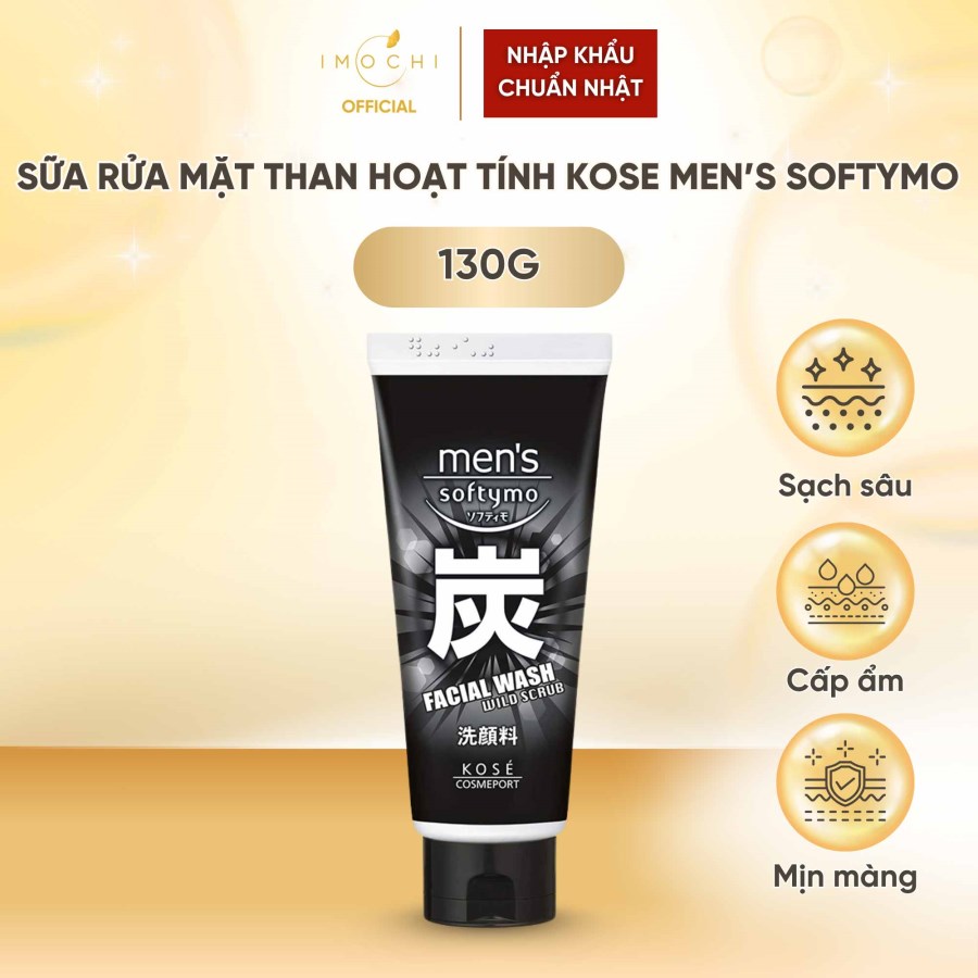 Sữa Rửa Mặt Than Hoạt Tính Cho Nam Kose Men`s Softymo Nhật Bản Làm Sạch Bã Nhờn Cấp Ẩm 130g 