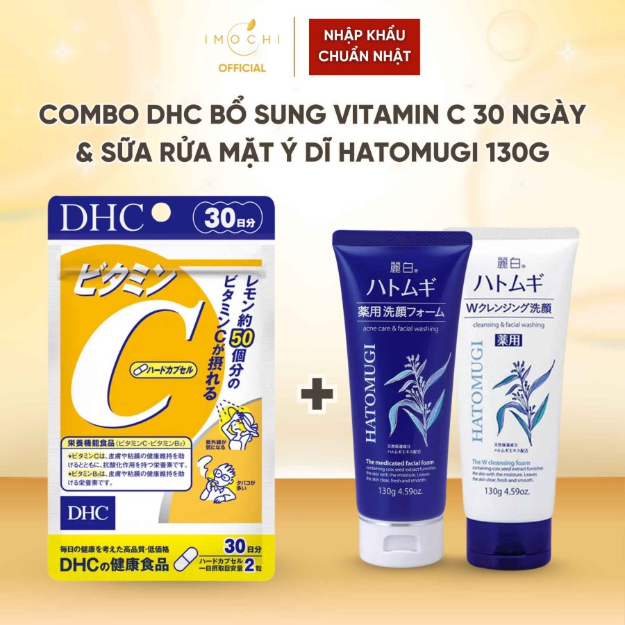 Combo Viên Uống DHC Bổ Sung Vitamin C 30 Ngày + Sữa Rửa Mặt Ý Dĩ Hatomugi 130g Nhật Bản