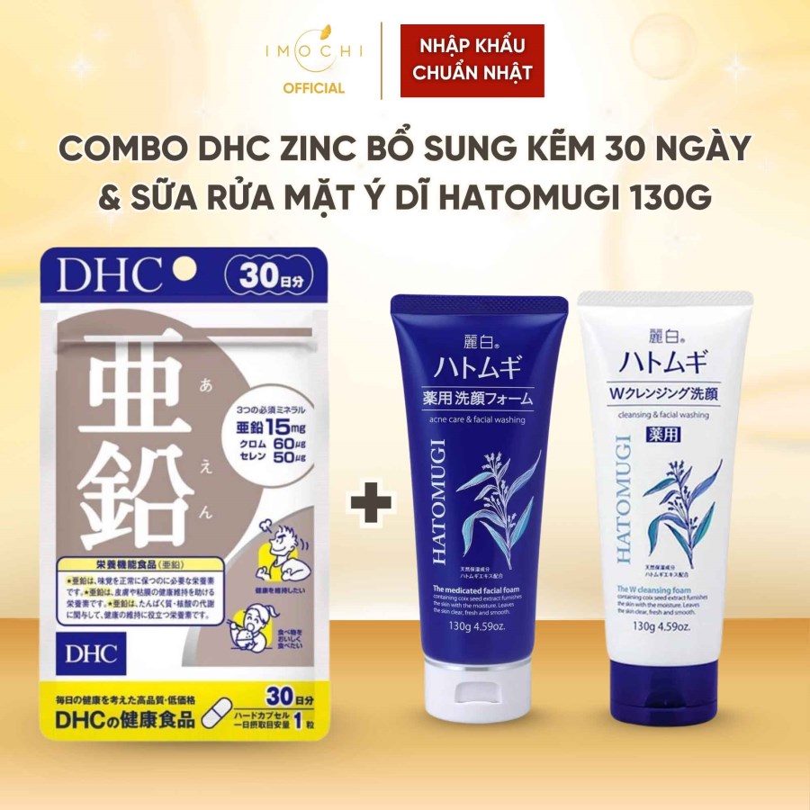 Combo Viên Uống Bổ Sung Kẽm DHC Zinc 30 Ngày + Sữa Rửa Mặt Ý Dĩ Hatomugi 130g Nhật Bản
