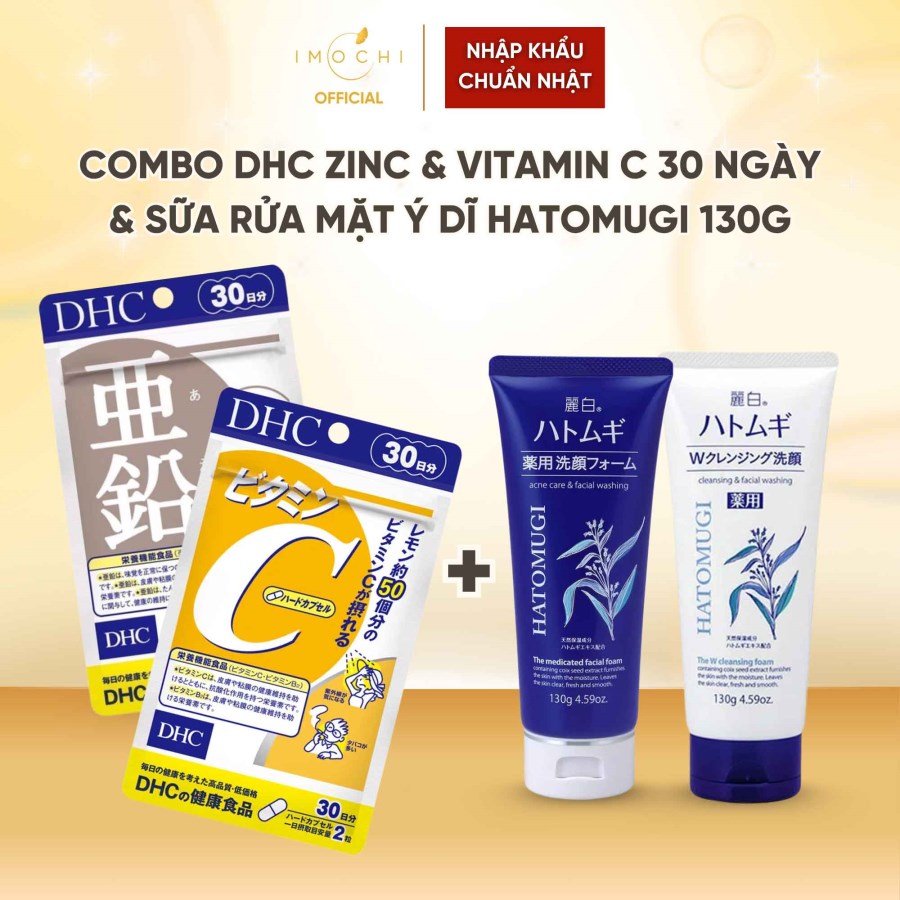 Combo Viên Uống Bổ Sung Kẽm DHC Zinc & Vitamin C 30 Ngày + Sữa Rửa Mặt Ý Dĩ Hatomugi 130g Nhật Bản